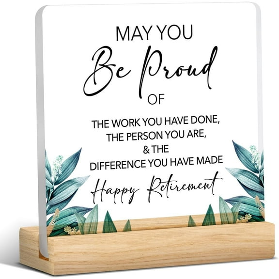 Retirement Gifts Present for Coworker Boss Teacher Nurse Happy Retirement Clear Desk Decorative Sign Retire Acrylic Plaque Sign With Wooden Stand 4x4 Inch Home Office Party Desk Decor