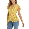 thumbnail image 4 of INSPIRE CHIC Women's Wrap Tops Floral Print V Neck Short Sleeve Tie Waist Peplum Blouses M Yellow, 4 of 6