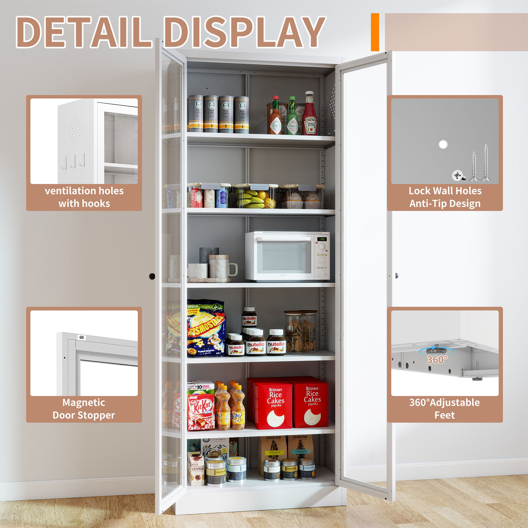 S-HOME Freestanding Metal Pantry Cabinet – White 72 Inch Tall Design with 5 Adjustable Shelves for Kitchen and Bathroom Storage