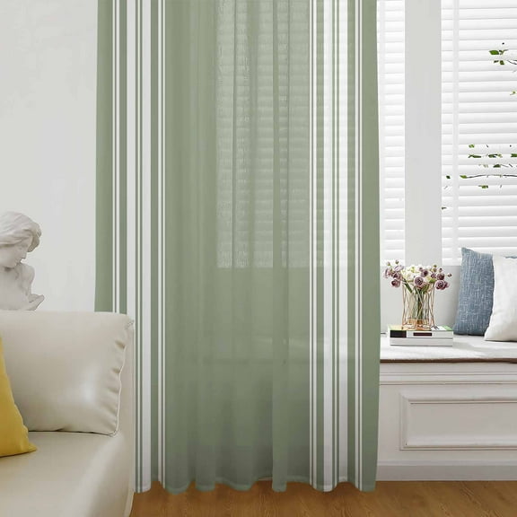 Dark Sage Green Semi Sheer Curtains Drapes for Living Room, Bedroom, French Doors Window 72 Inches Long, Farmhouse Sage Green White Striped Rod Pocket Chiffon Curtain Drapery Voile Draperies Panel