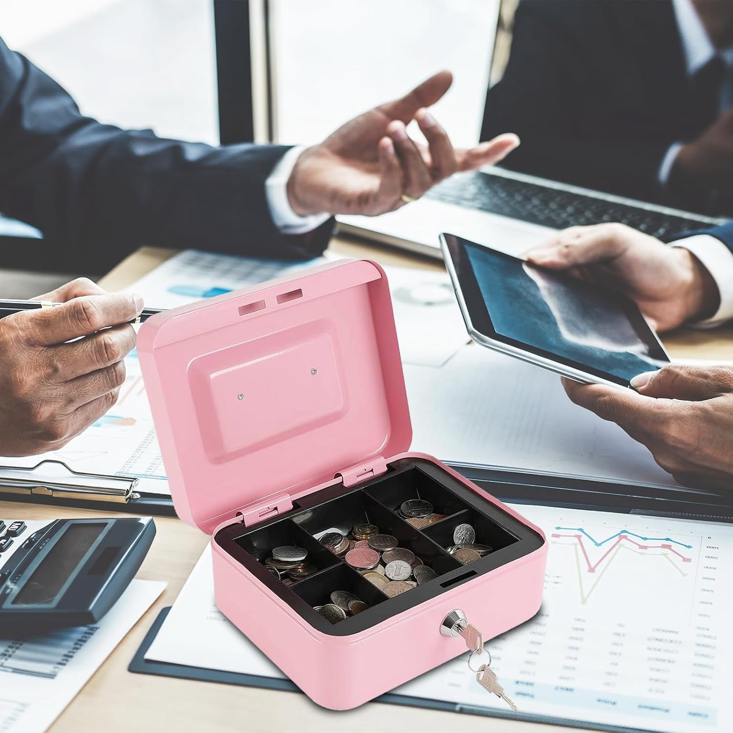 Locking Steel Medium Cash Box with Removable Coin Tray and Key Lock,7.87"x 6.30"x 3.54",White
