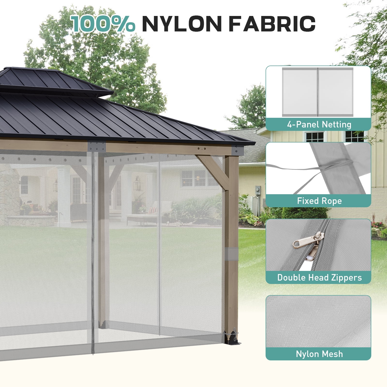 Aoodor Universal 10 x 12 ft. Gazebo Replacement Mosquito Netting Screen 4-Panel Sidewalls with Double Zipper for Patio Backyard Deck and Lawns (Only Netting)