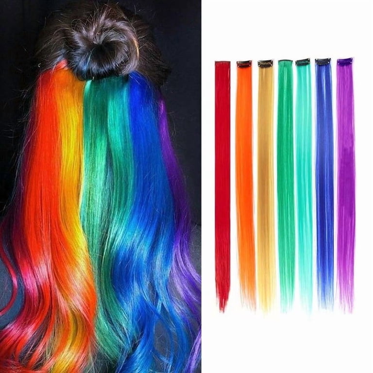 7 Pack Rainbow Color Block Hair Extensions, Colorful Women display picture 3
