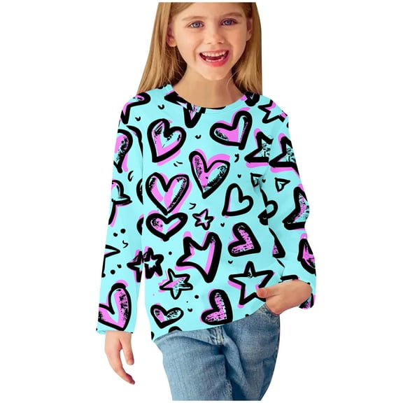 CHEEREAM KidsShirts Girls Cute Long Sleeve Graphic T-Shirts Heart Print Casual Soft Girls' T Shirts for 3-14 Years