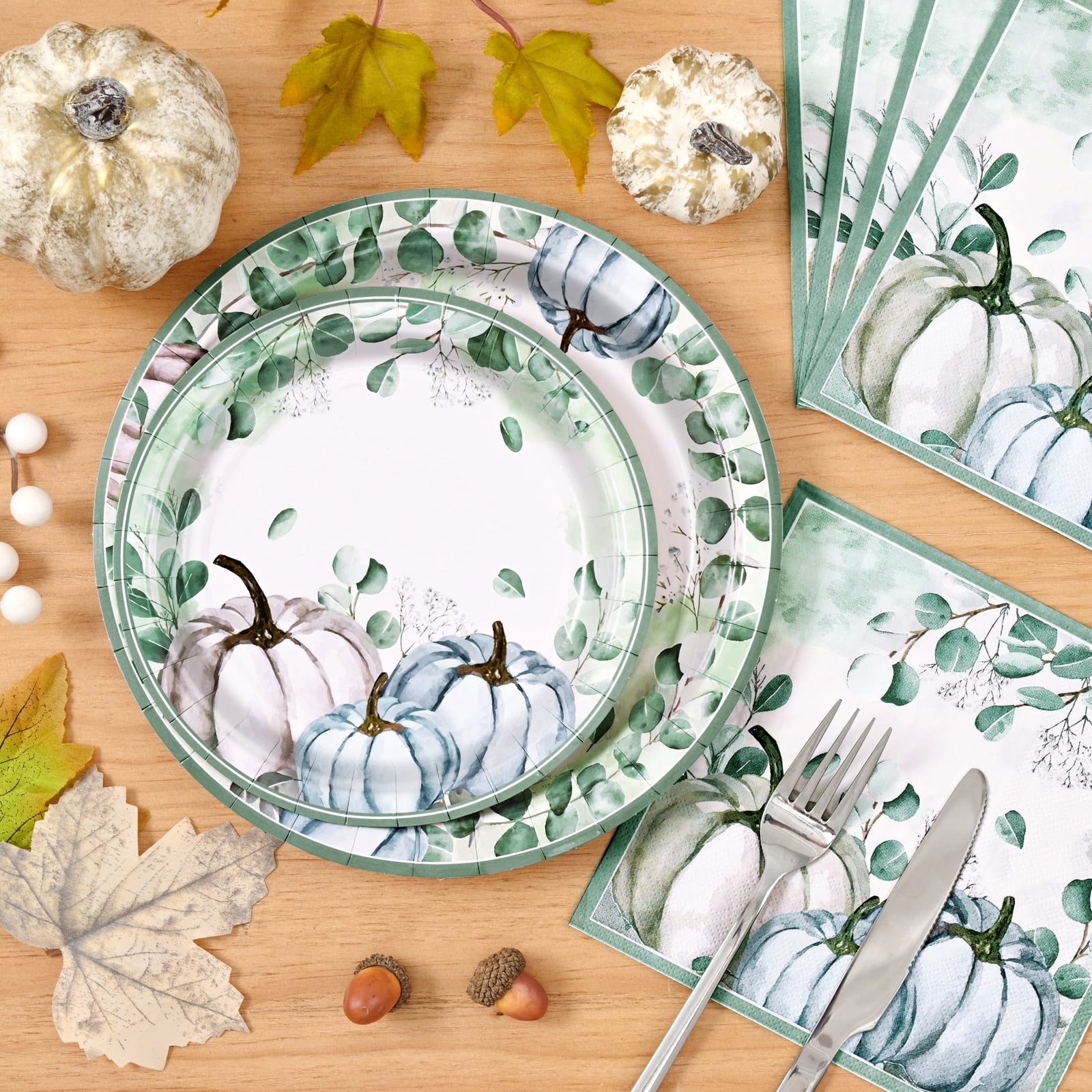 DAZLUTE 200pcs Fall Plates Napkins,and Dishes, Thanksgiving Disposable Dinnerware Set for Thanksgiving and Fall Decorations Party Supplies