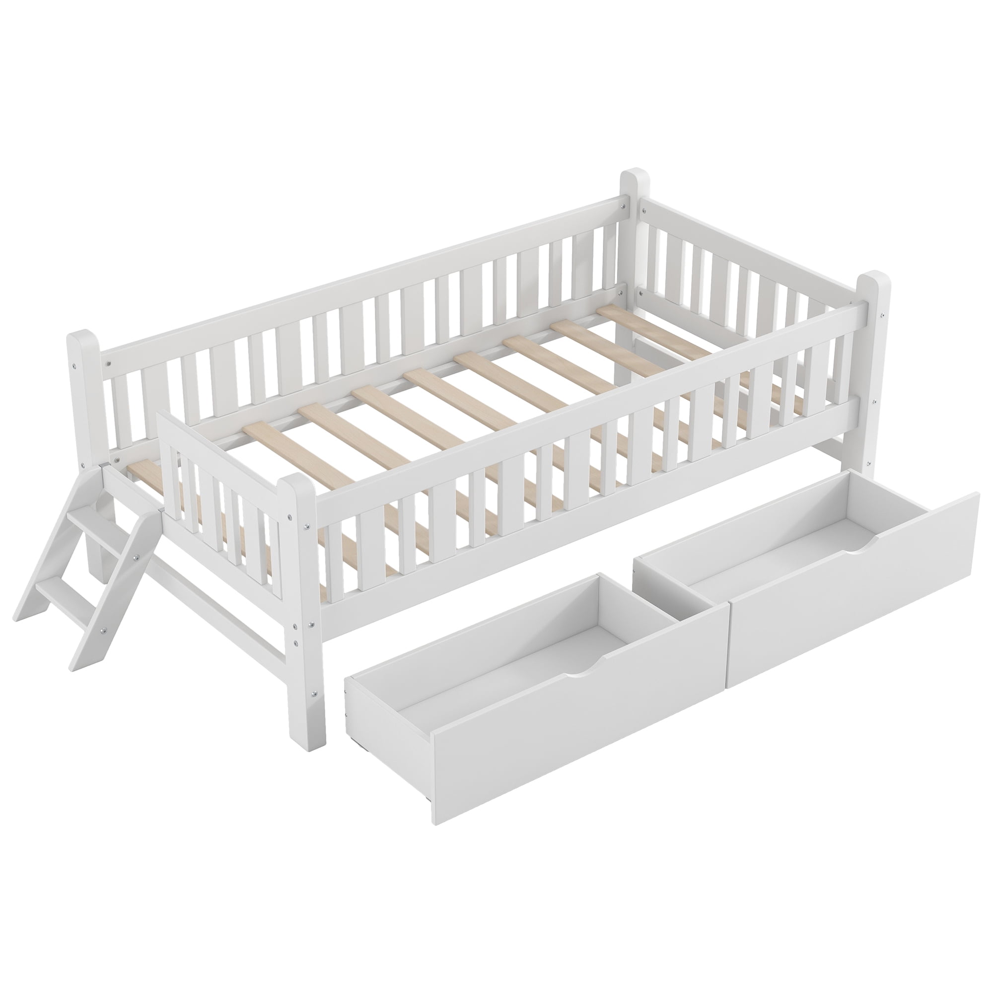 Euroco Wood Twin Size Platform Bed with 2 Drawers and Ladder for Kids and Toddlers, White