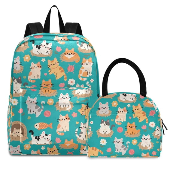ALAZA Backpack Set Cute Cats Cartoon Elementary School Bags Student BookBag with Lunch Bag