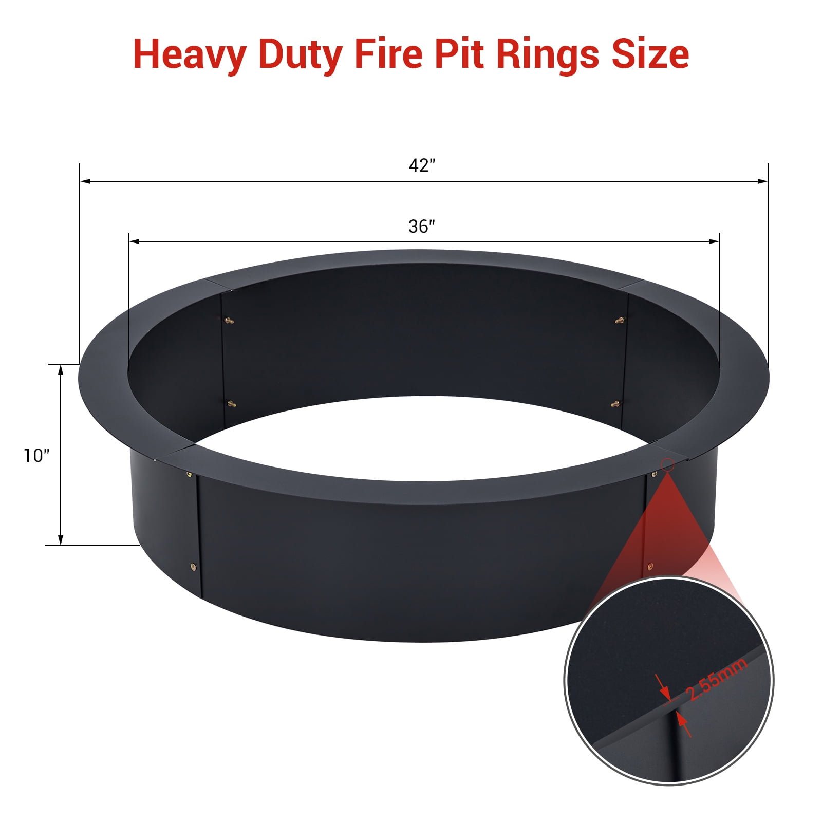 Outdoor 42 Inch Outer/36 Inch Smokeless Fire Pit Ring Insert, 2.5MM Thick Solid Steel Liner for In-Ground or Above Ground Outdoor Wood Burning Firepits, DIY Use in Backyard, Patio, Garden