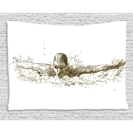 Butterfly Tapestry Wall Hanging - Olympics Decorations Tapestry, Swimmer Swimming Butterfly Competition Sport Sketch Artistic Image, Wall Hanging for Bedroom Living Room Dorm Decor, 60W X 40L Inches, Black White, by Ambesonne
