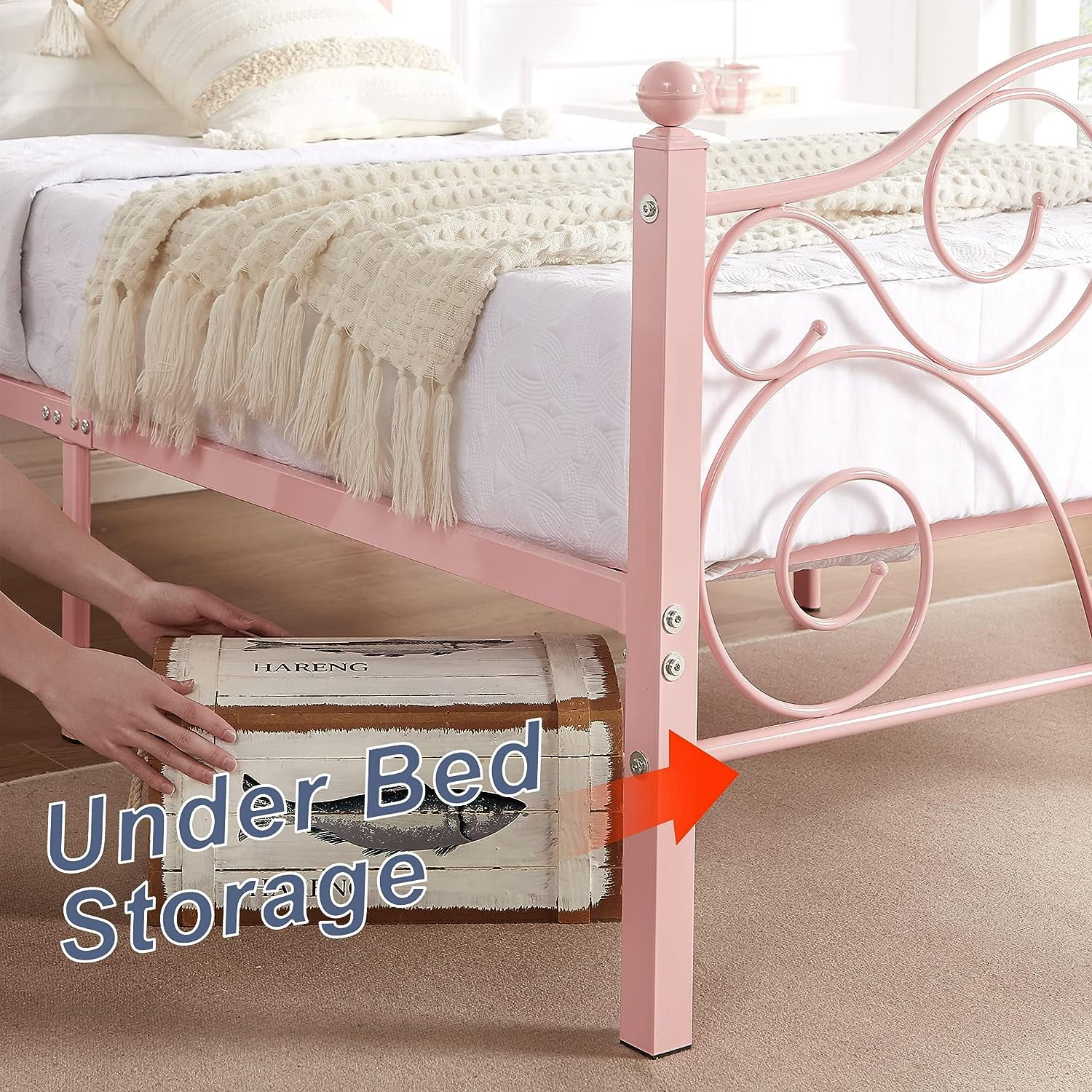 VECELO Twin Bed Frame with Headboard & Footboard, Modern Metal Platform Bed Frame with Underbed Storage Space, No Box Spring Needed, Heavy Duty & Quick Assembly, Pink