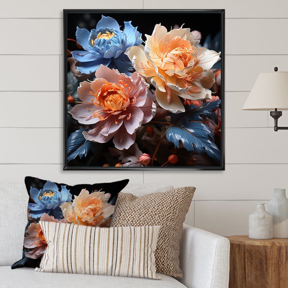 Designart "Still Life With Peach And Blue Peonies" Peonies Floater Framed Canvas Art Print