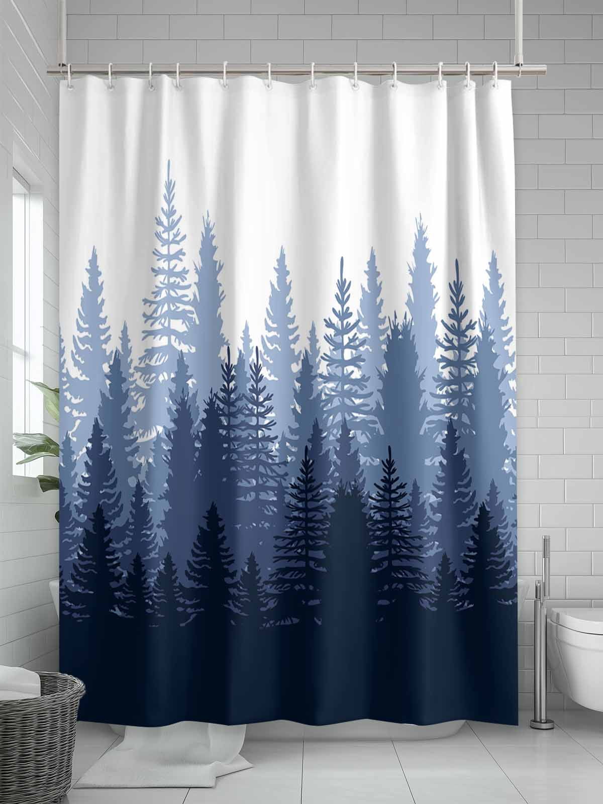 Navy Blue Ombre Extra Long Shower Curtain Set, Waterproof Shower Curtains for Bathroom, Primeval Forest Modern Abstract Art Aesthetics Washable Fabric Bath Curtain for Bathtub with Hooks 72x96 Inches