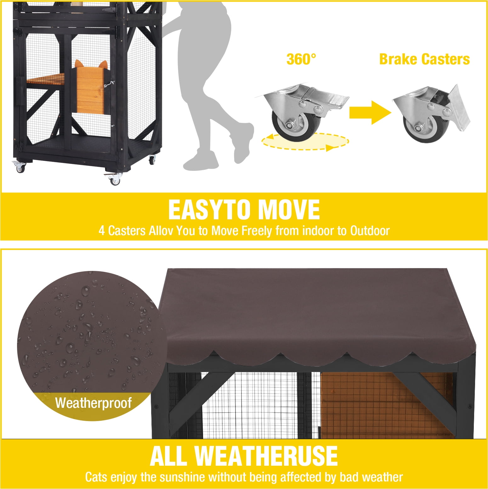 Aivituvin Catio Outdoor Cat Enclosure Mobile Cat House Indoor On Wheels with Scratch Post, Hammock, Resting Box, Platform, Tarp Roof 62.8", Black