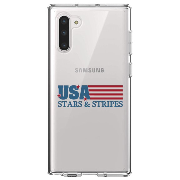 DistinctInk Clear Shockproof Hybrid Case for Samsung Galaxy Note 10 (6.3" Screen) - TPU Bumper Acrylic Back Tempered Glass Screen Protector - USA Flag Stars & Stripes