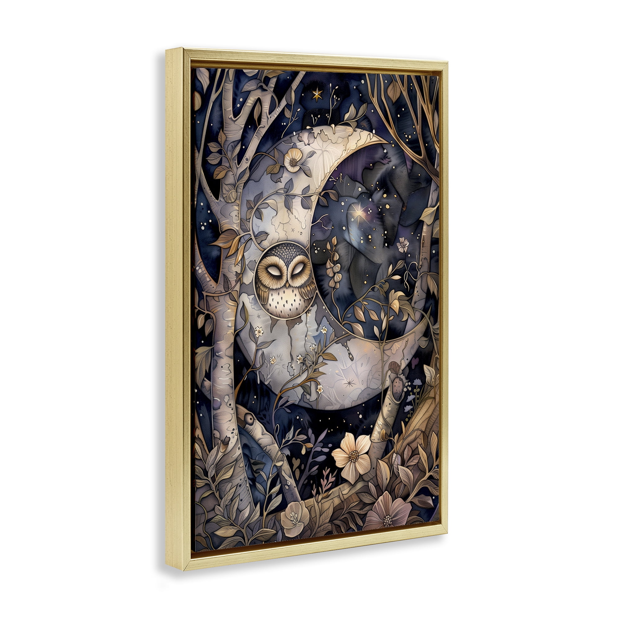 Stupell Industries Moon Owl Sleeping Animals & Insects Painting Gold Floater Framed Art Print Wall Art, 17 x 25