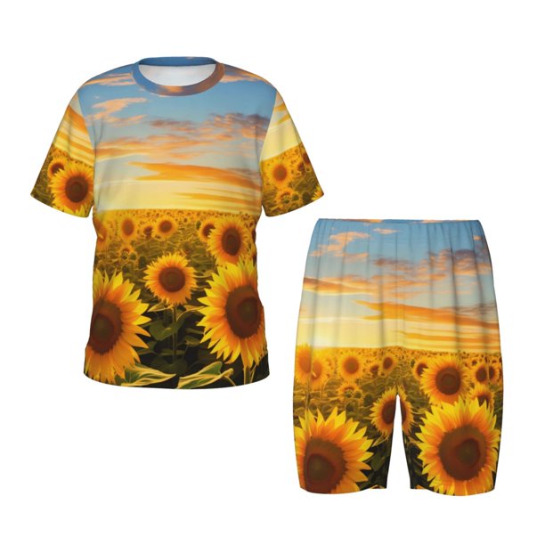 Fotbe Beautiful Golden Sunflower Field Pijama Estampada de 2 Piezas para Niños – Ropa de Dormir de Manga Corta Cómoda para Niños y Niñas, Camiseta y Shorts de Algodón-X-Large