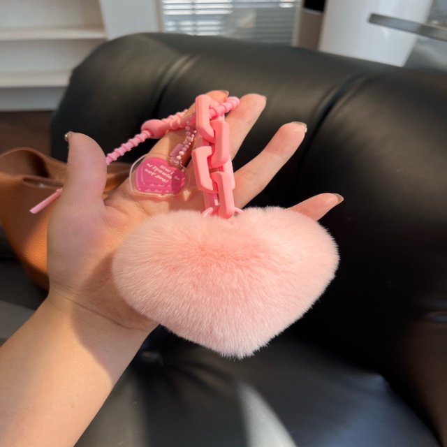 Llavero con forma de cadena de amor de piel de conejo Rex real de silicona, exquisito colgante para mochila escolar, adornos para pareja, llavero para coche
