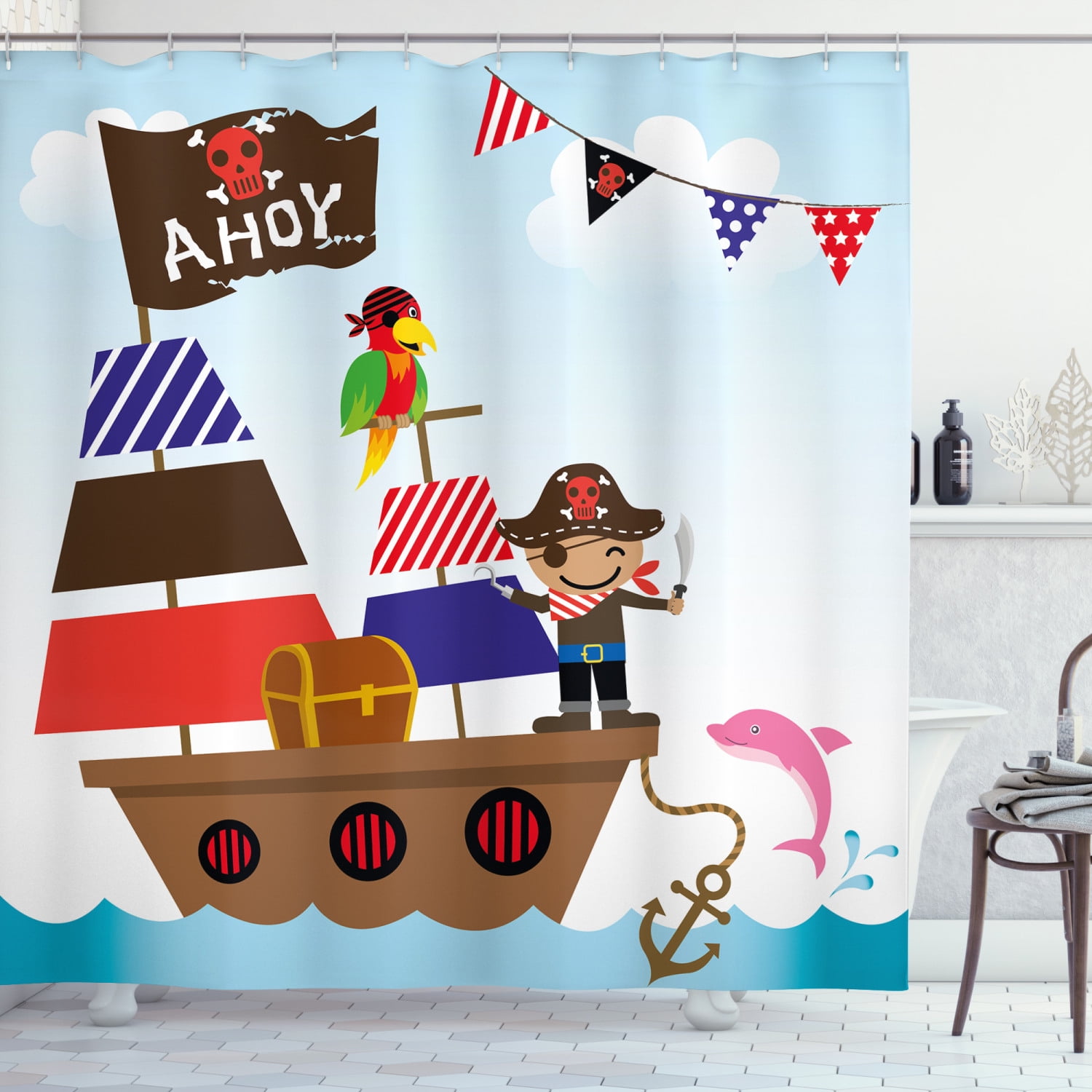 Ahoy Its a Boy Shower Curtain, Cute Pirate Kids Treasure Chest with Ship on Ocean Background Illustration, Fabric Bathroom Set with Hooks, 69W X 70L Inches, Multicolor, by Ambesonne