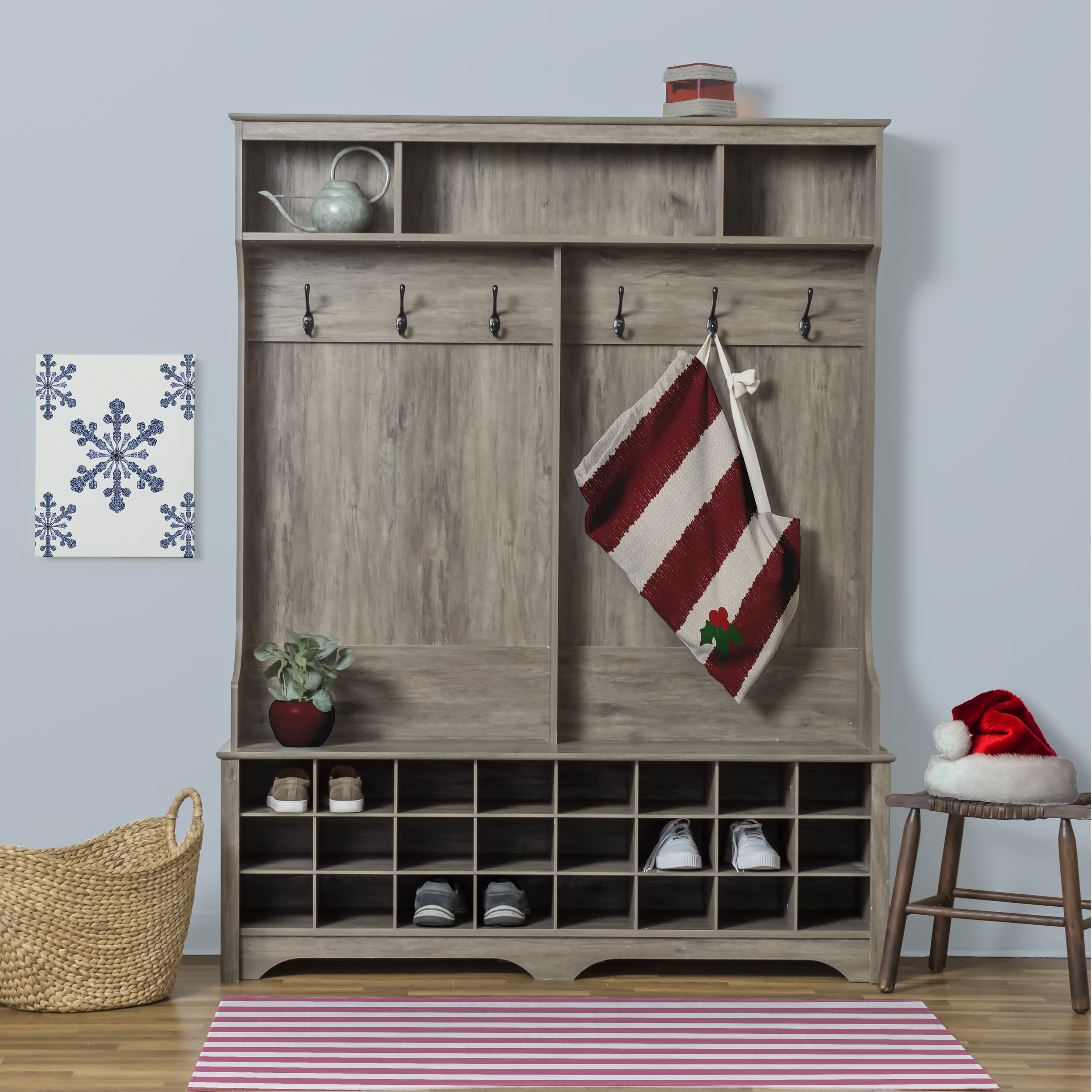 Simply Daisy Canvas Stripes with a Sprig of Holly 28 x 36 in Red-Ivory Laundry Bag