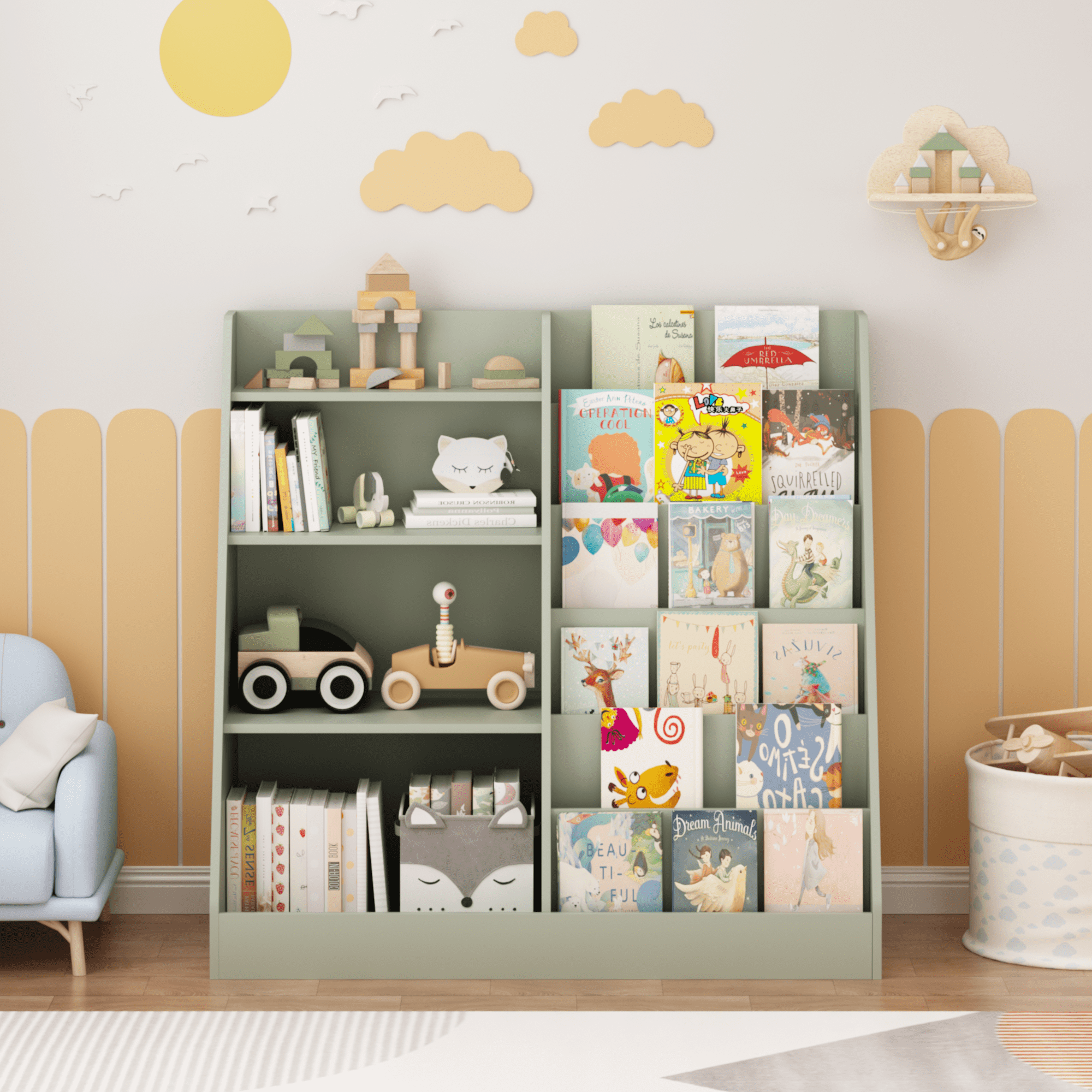 Kids Bookshelf and Toy Storage Organizer, Multifunctional 4 Tier Wooden Kids Book Shelf with Bookcase Display Stand in Kids Room Playroom Nursery for Kids, Children, Toddlers (Sage)