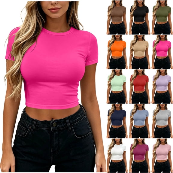 Otntypg Womens Short Sleeve Cropped Athletic T Shirts - Buttery Soft Summer Crop Tops Slim Fit Y2k Basic Solid Color Crew Neck Tees for Workout Going Out Tshirts