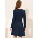 thumbnail image 3 of Allegra K Vestido midi elegante de cintura alta con decoración de botones y cuello en V para mujer Azul oscuro S, 3 of 4