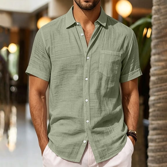 Men's Casual Linen T-Shirt Turndown Collar Solid Color Breathable Sports Top