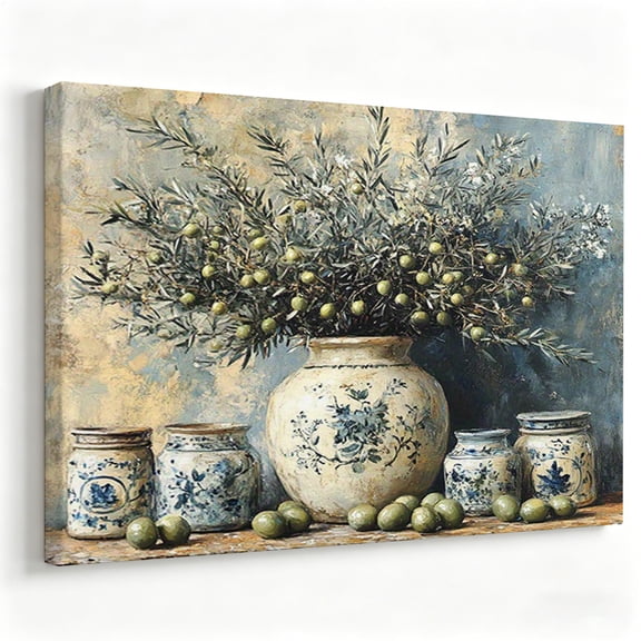 Vintage Olive Branch Canvas Wall Art Mediterranean Still Life Painting Rustic Kitchen Dining Room Decor Ceramic Vase Print Ready to Hang 8*12