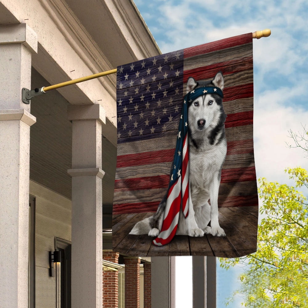 American Flag Husky Dog Proud Patriotic 4th of july Garden Flag (11.5x17.5) Double Sided USA Flags Premium Polyester Decorative Indoor Outdoor Flag