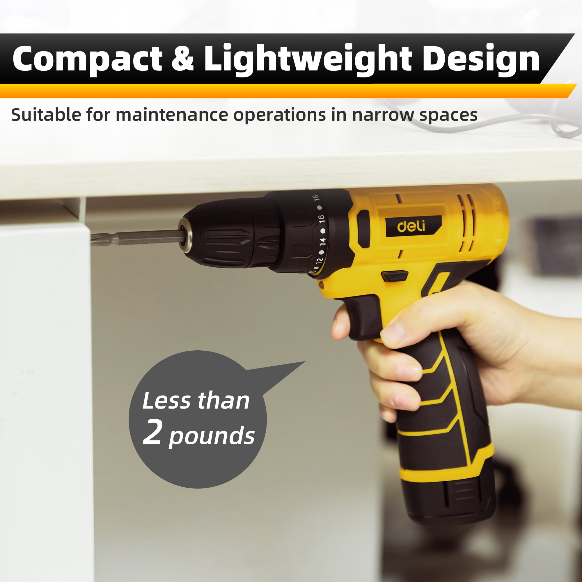 Deli 12V Max Lithium-Ion Cordless Impact Drill Driver Set, Electric Screwdriver Driver Tool Kit, 3/8" Keyless Chuck,,with 2.0Ah Battery,Charger