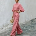 thumbnail image 6 of Womens Casual Two Piece Outfit High Neck Puff Sleeve Crop Top High Waist Wide Leg Pants Textured Casual Set Pink S(S), 6 of 8
