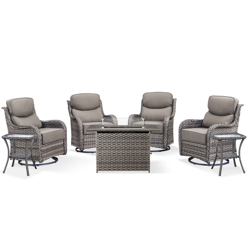 PARKWELL 7-Piece Outdoor Patio Furniture High Back Conversation Set with Swivel Glider Chairs and Fire Pit Table,50,000 BTU,Luxury 6" Thick Cushions,Wicker Patio Set for Deck, Backyard,Gray/Gray