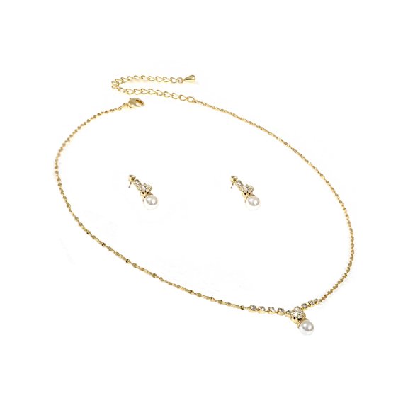 Gold Crystal Drop with White Pearl Ends Earrings & White Pearl Centerpiece Necklace Jewelry Set
