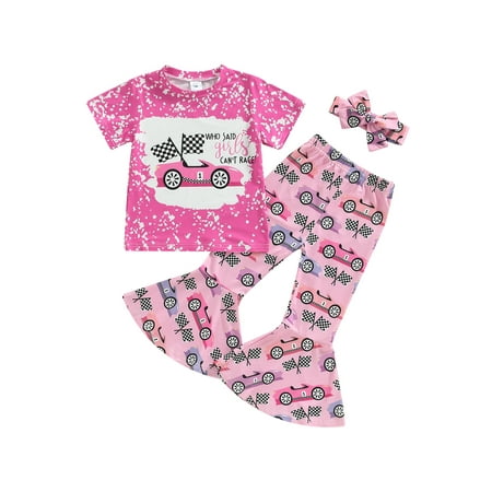 

Bagilaanoe 2pcs Toddler Baby Girl Long Pants Set Print Short Sleeve T Shirts Tops + Flared Trousers + Headband 6M 12M 18M 24M 3T 4T 5T Kid Casual Outfits