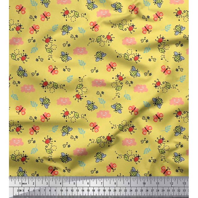 Soimoi Yellow Cotton Cambric Fabric Honey Bee & Bettle Bee Insects Decor Fabric Printed BTY 42 Inch Wide