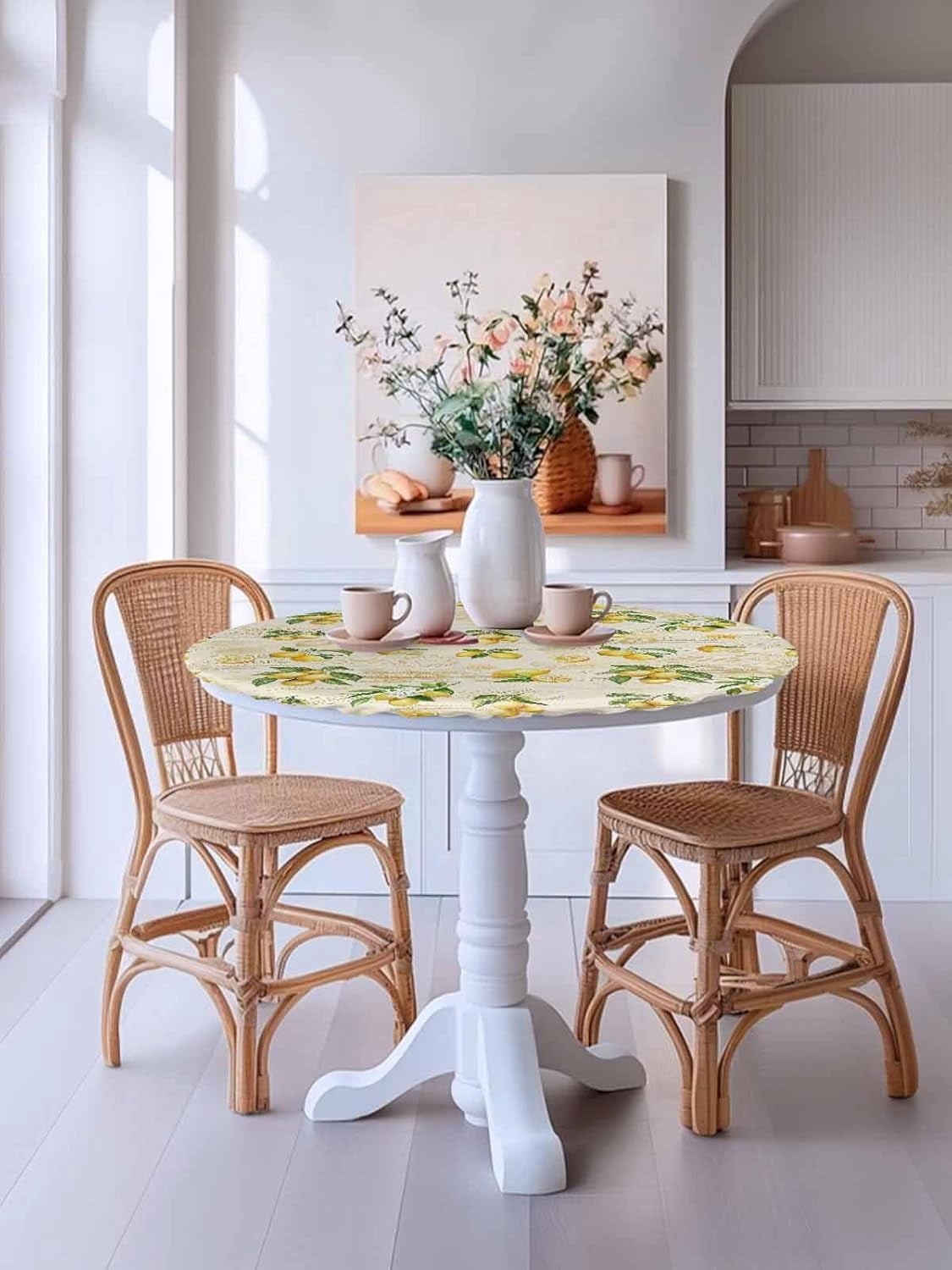 Round Fitted Tablecloth Elastic Edged Table Cover,Summer Farmhouse Lemon on Vintage Stamp Waterproof Wipeable Table Cloths for Kitchen Dining Party Fit up 36"-44" Tables,Rustic Fruit Theme