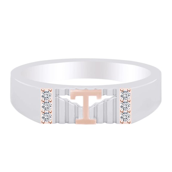 Round White Natural Diamond Accent Initial Letter "T" Two Tone Ring 14k White Gold Over Sterling Silver