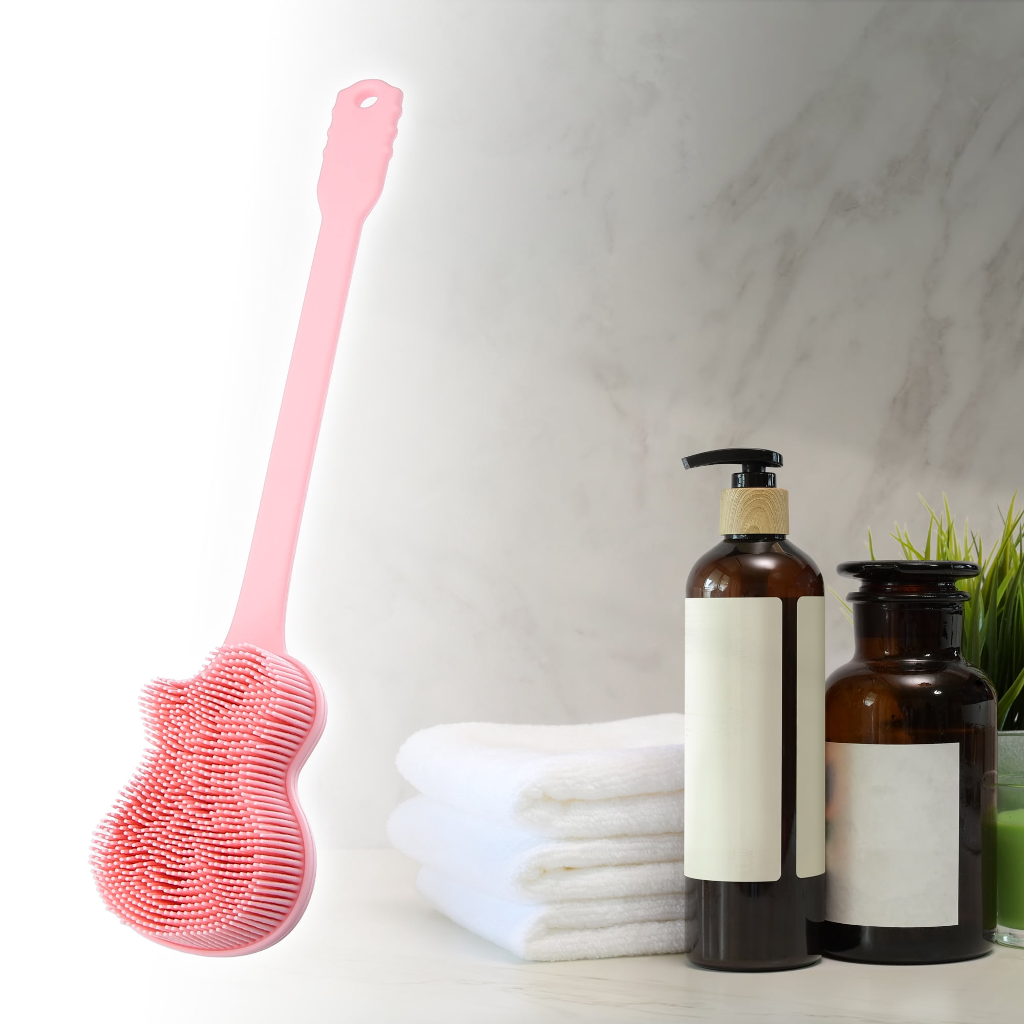 Unique Bargains Back Scrubber Body Brush with Long Handle for Exfoliating Silicone Pink
