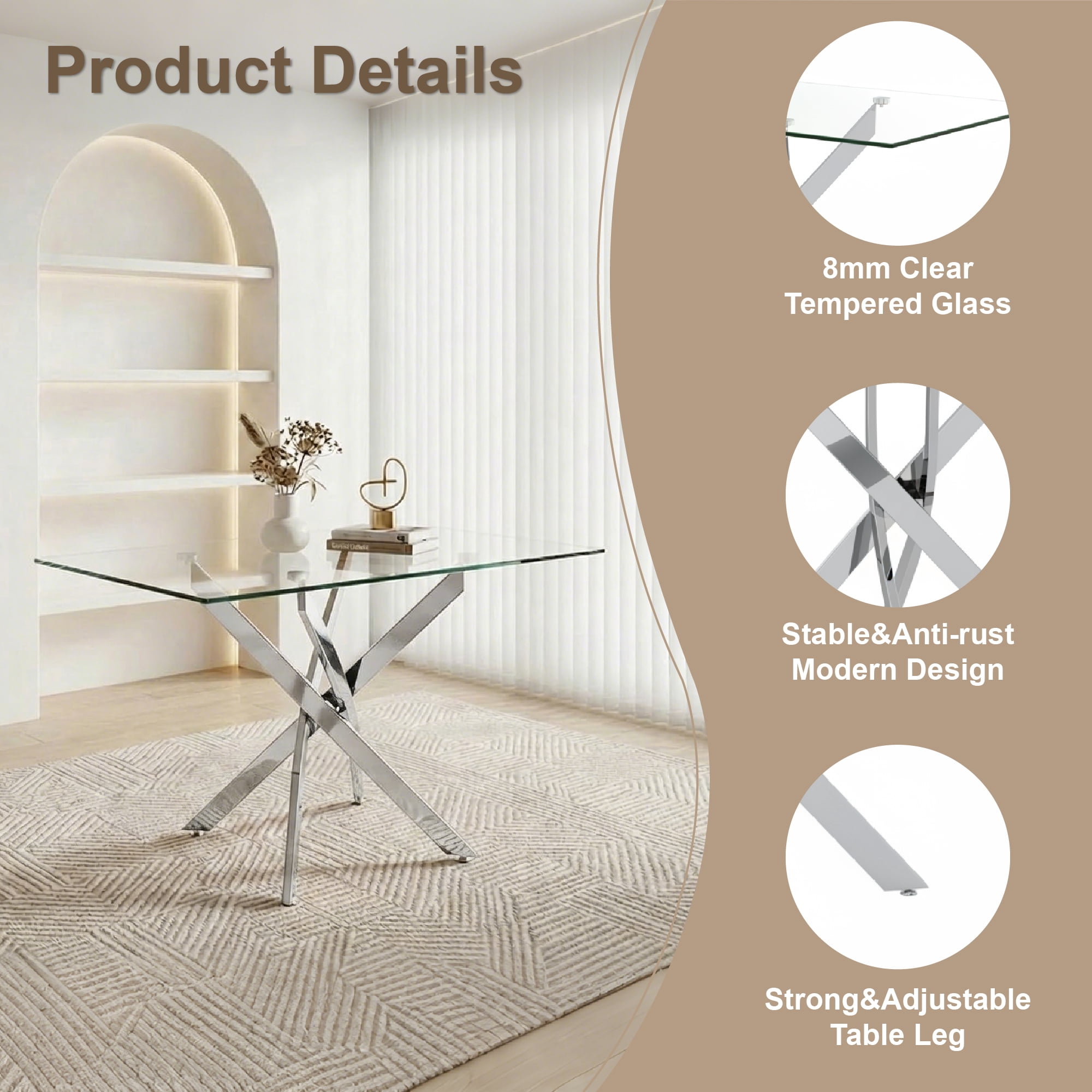 Garitin Dining Table and Rectangular Glass Top Kitchen Table 47.24 Inch, Modern Center Table with Silver Metal Legs for Dining Room, Silver