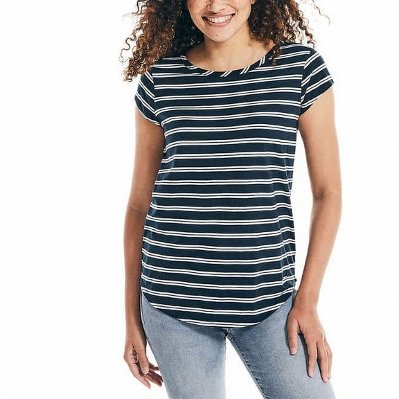 Nautica Womens Slub Tee,Blue Stripes,Small