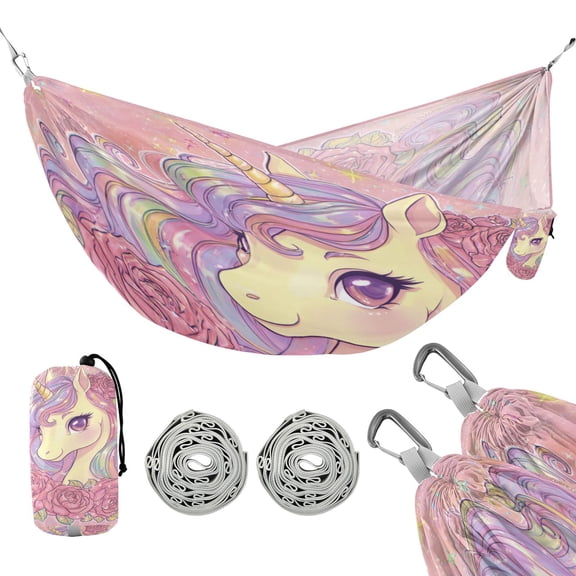 Portable Outdoor Camping Hammock Travel Hammock Ideal for Backpacking, Hiking, and Travel Cute Unicorn with Elegant Roses