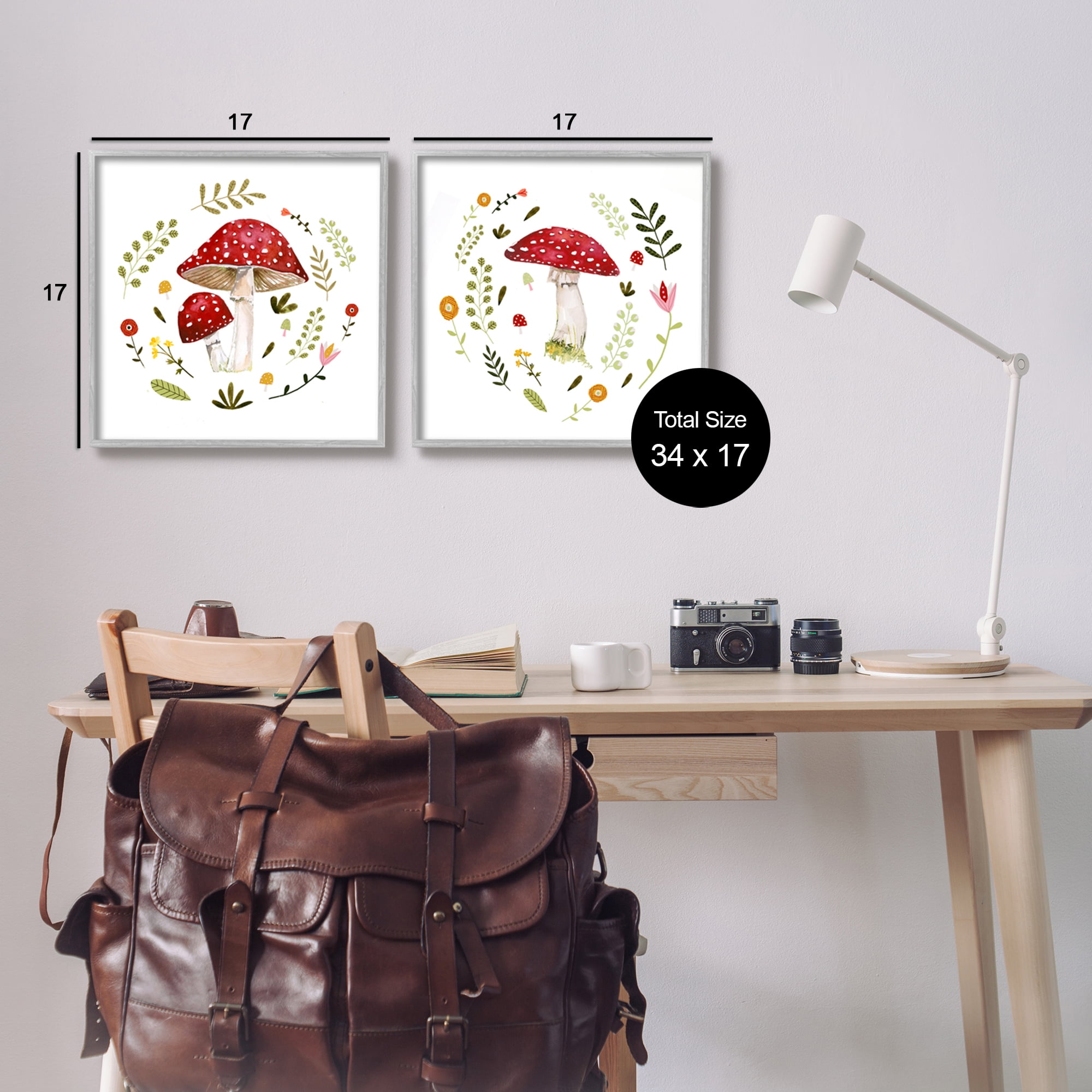Stupell Industries Mushrooms & Flower Sprouts Botanical & Floral Painting Gray Framed Art Print Wall Art, 17 x 17, Set of 2