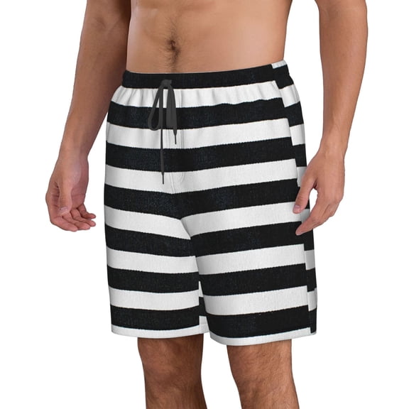 Uemuo Black And White Stripes Pattern Men's Swim Trunks Hawaiian Beach Bathing Suit Swimsuits Beach Quick-Dry Shorts with Pockets-Small