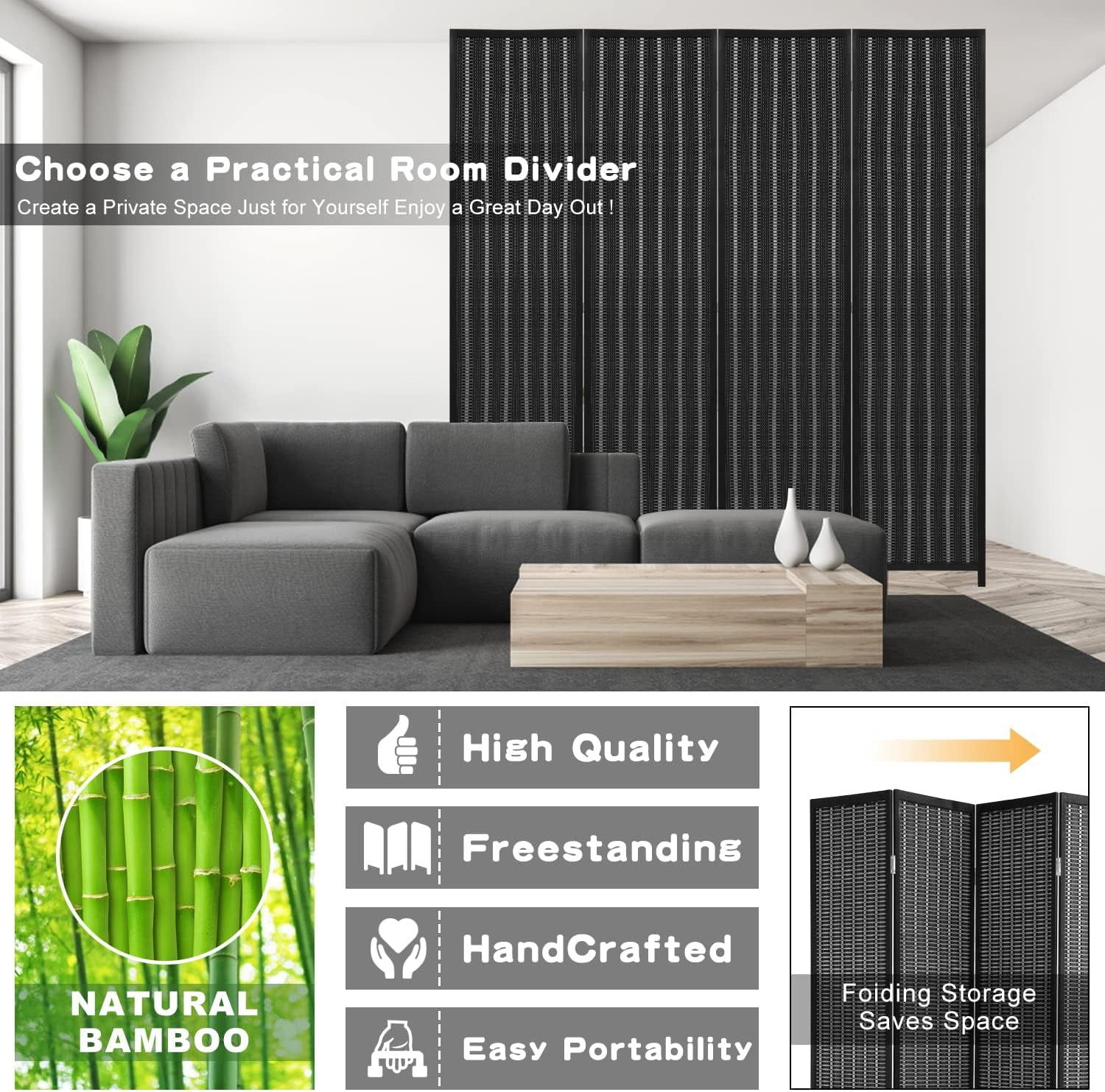 XF XINFENG Bamboo Room Dividers 4 Panel 72" Tall Folding Privacy Screen Partition Wall Divider for Living Room, No Assembly Needed, Black