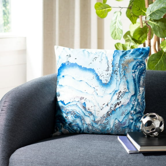 SAFAVIEH Jakki 18" x 18" Abstract Waves Plush Pillow, White/Blue