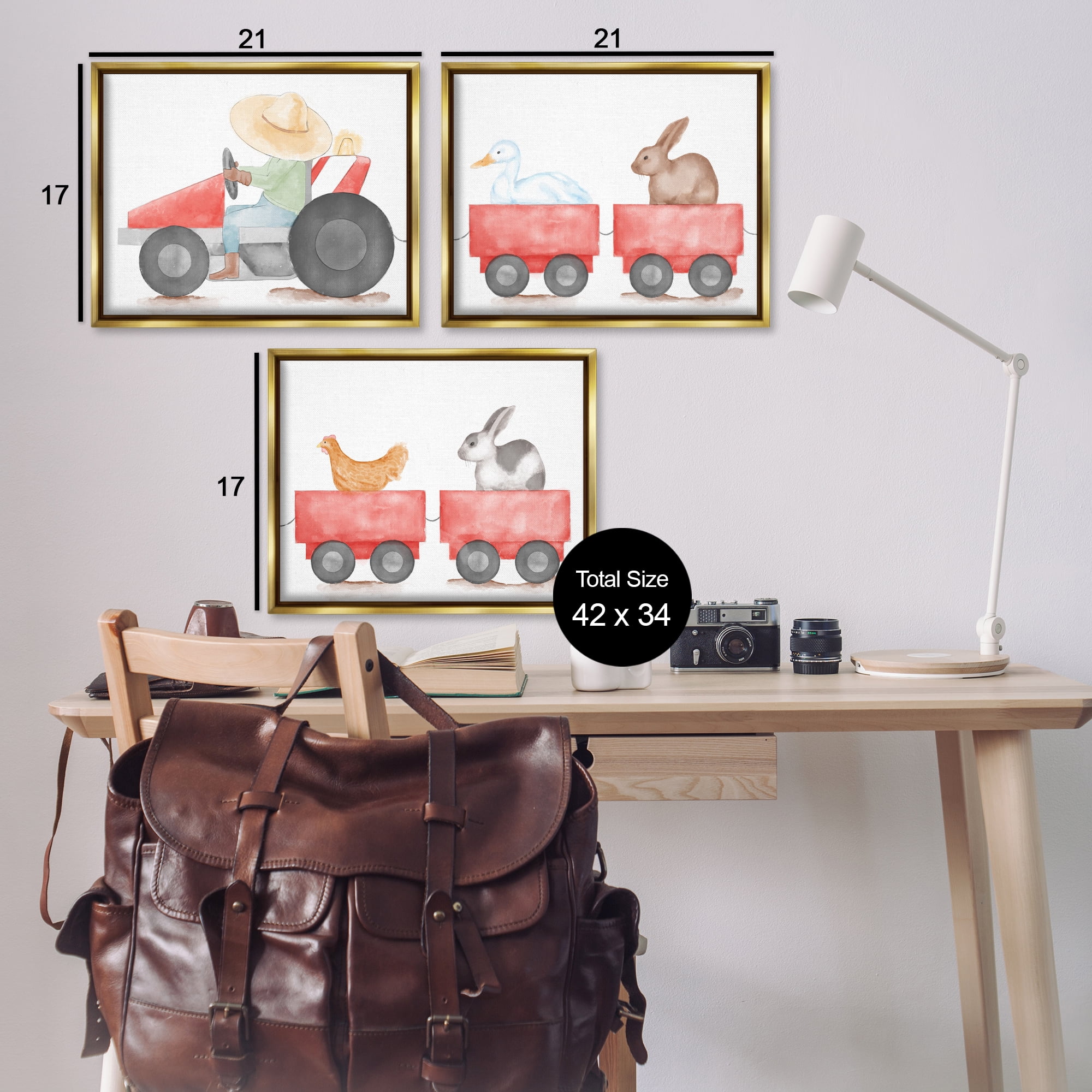 Stupell Industries Farmhouse Tractor Animals Transportation Painting Gold Floater Framed Canvas Art Print Wall Art, 21 x 17, Set of 3