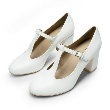 BURUDANI Women s T-strap Mary Jane Pumps Low Chunky Heels Wedding Dress Shoes WHITE/PU Size 10