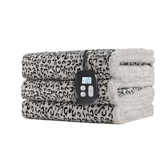 SUNNY HEAT Heated Electric Blanket Full Size 72'' x 84'' 10 Heating Levels & 1-12 Hours Auto Off , Leopard Black & White