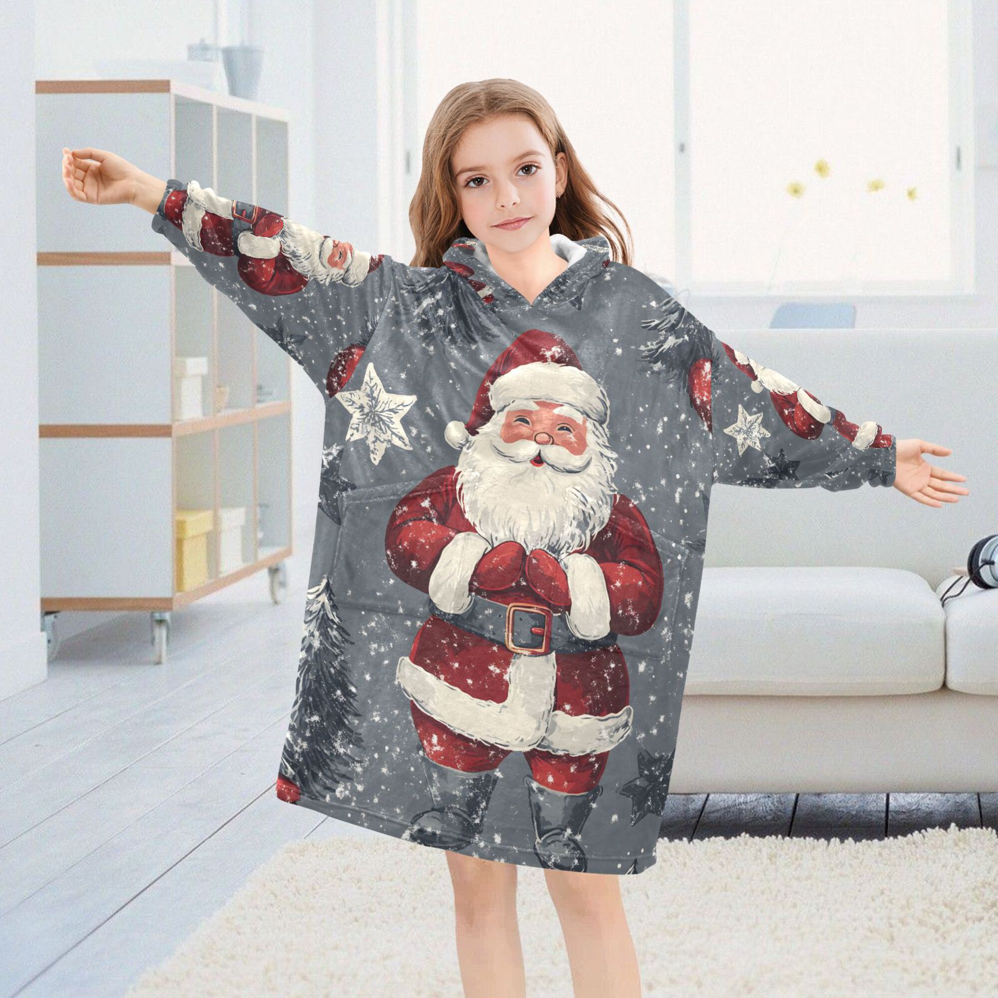 FORMRS Wearable Blanket Hoodie with Sleeves for Kids Cozy Flannel Sweatshirt, Christmas Santa