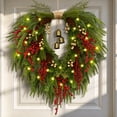 thumbnail image 6 of Yastouay 24" Christmas Wreath with Lights Bells, Artificial Heart Shape Norfolk Pine Wreath with Red Berries for Wall Porch Home Xmas Decor, 6 of 10